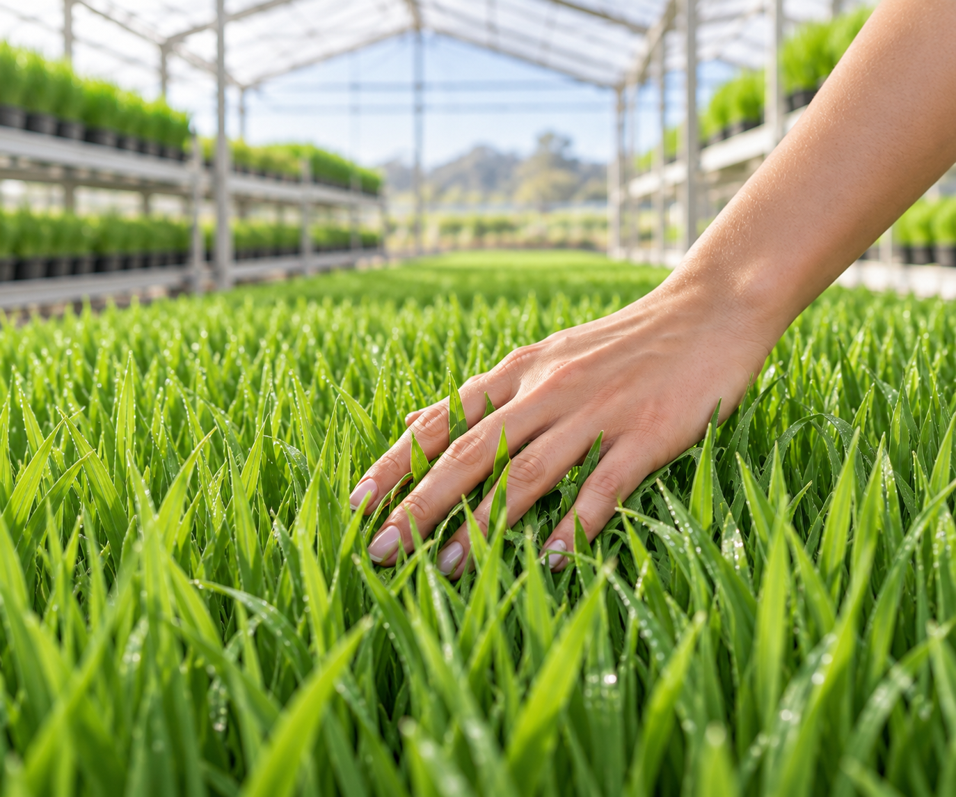 Mano recorriendo un cultivo verde dentro del vivero de Norte Verde